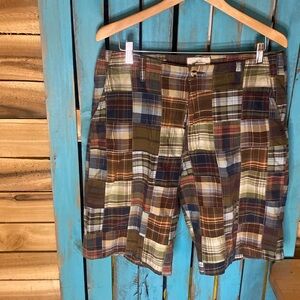 Andrew Fezza madras shorts size 35x12 (tag says 36) flat front green brown blue